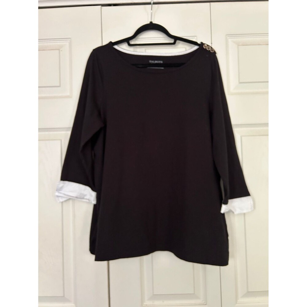 Talbots Black Long-Sleeve Top White Cuff Shoulder Buttons Mixed Media Office